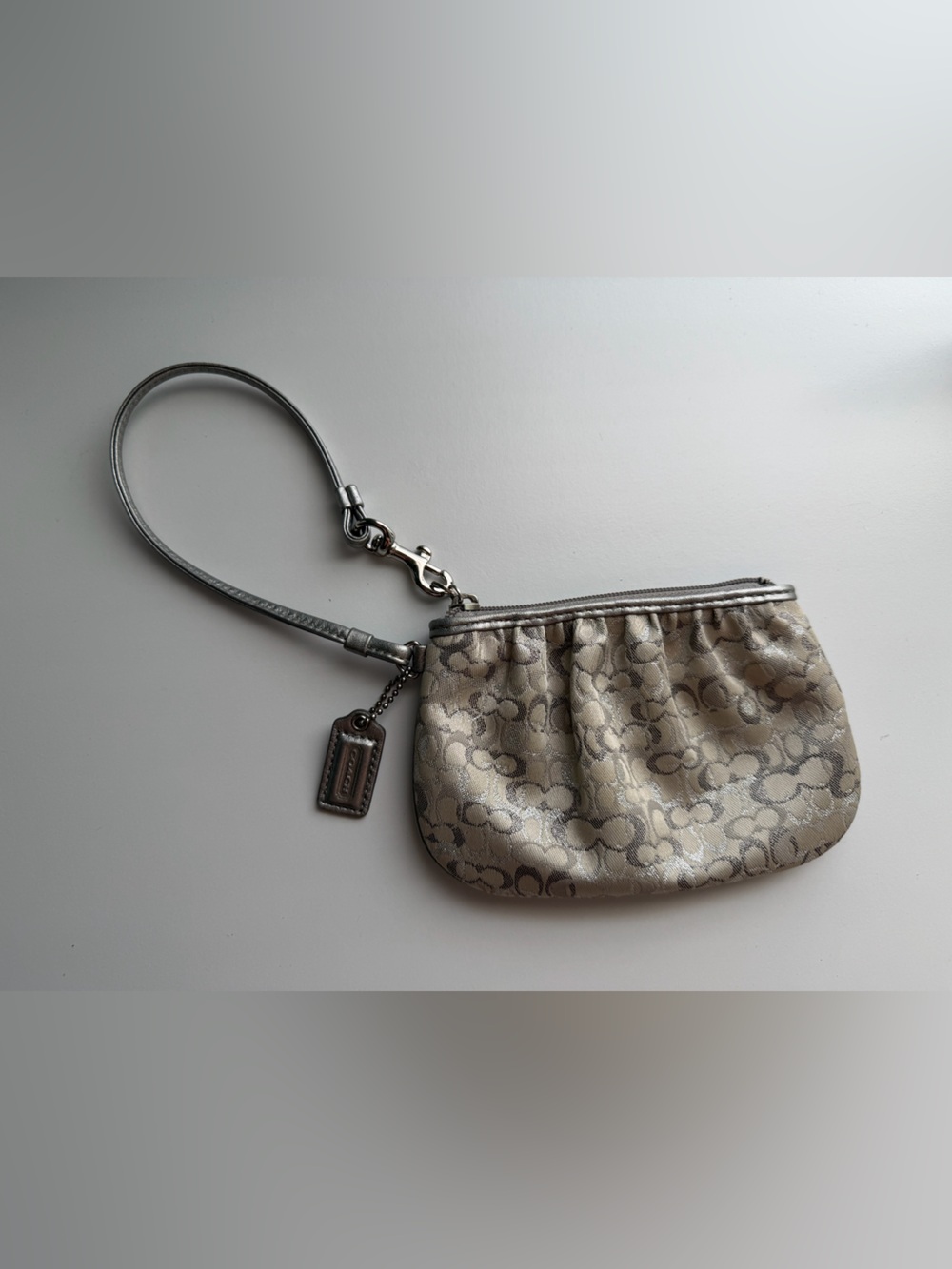Vintage Coach Silver Metallic Signature Monogram Pleated Mini Wristlet